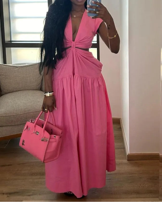 Women Short Sleeve Tie Up Open Waist Deep V-neck Maxi Long Dress