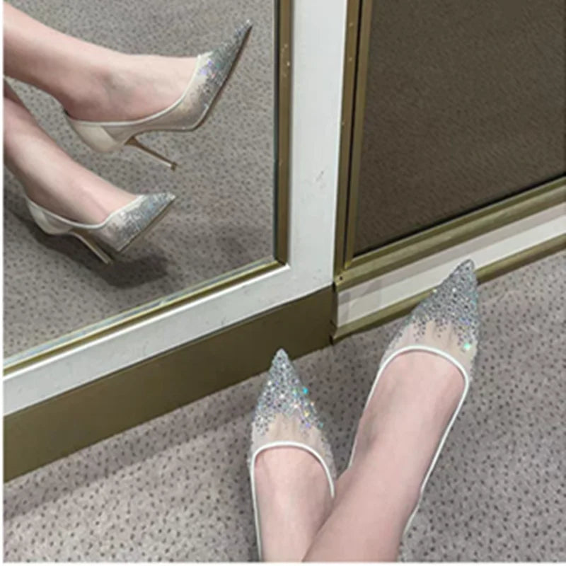Mesh Pointed Shallow Mouth Sexy Pump Heels Stiletto Shoes Bridal Shoes