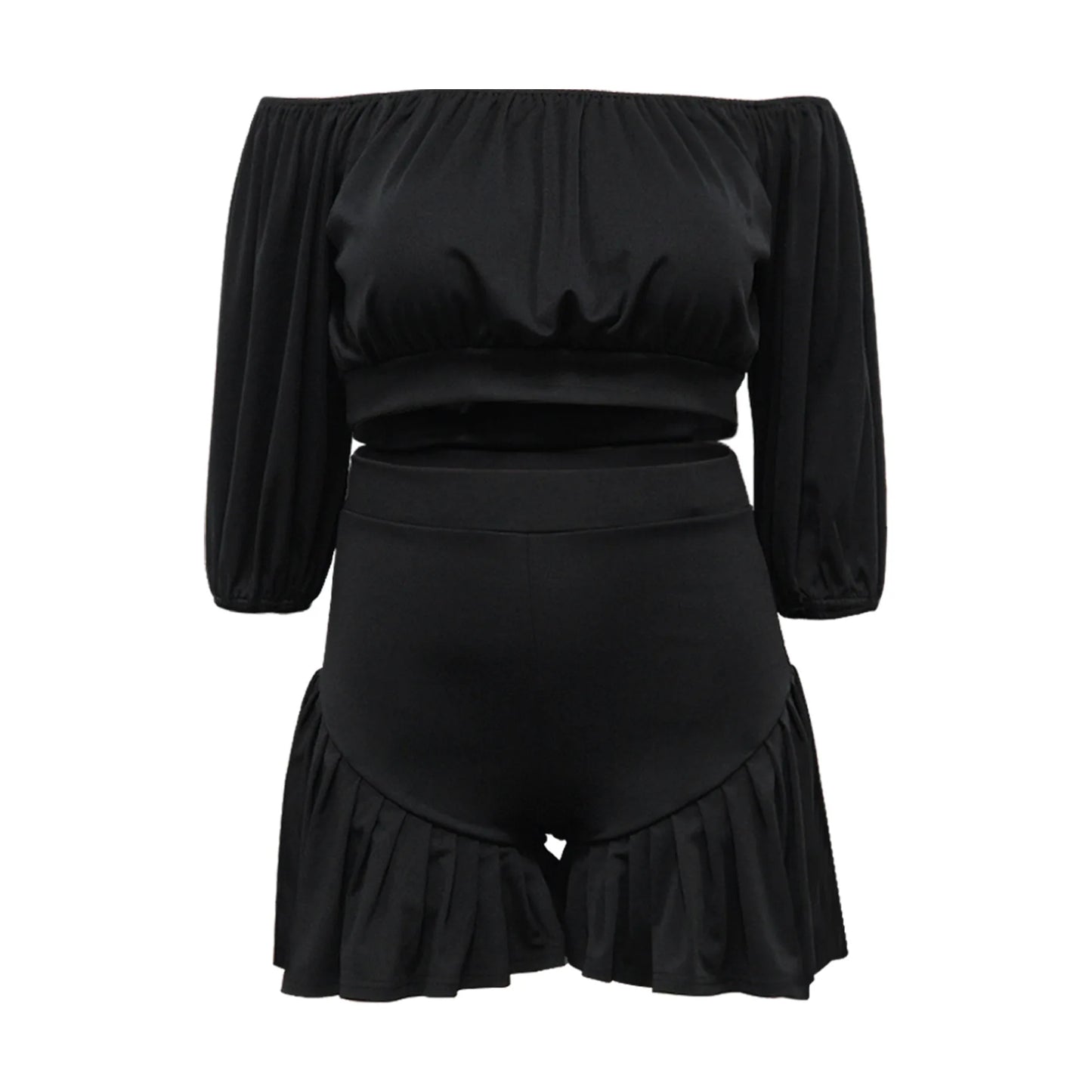 Plus Size Women's Set Long Sleeve Slash Neck T-Shirt and Shorts Summer Two 2 Piece Set