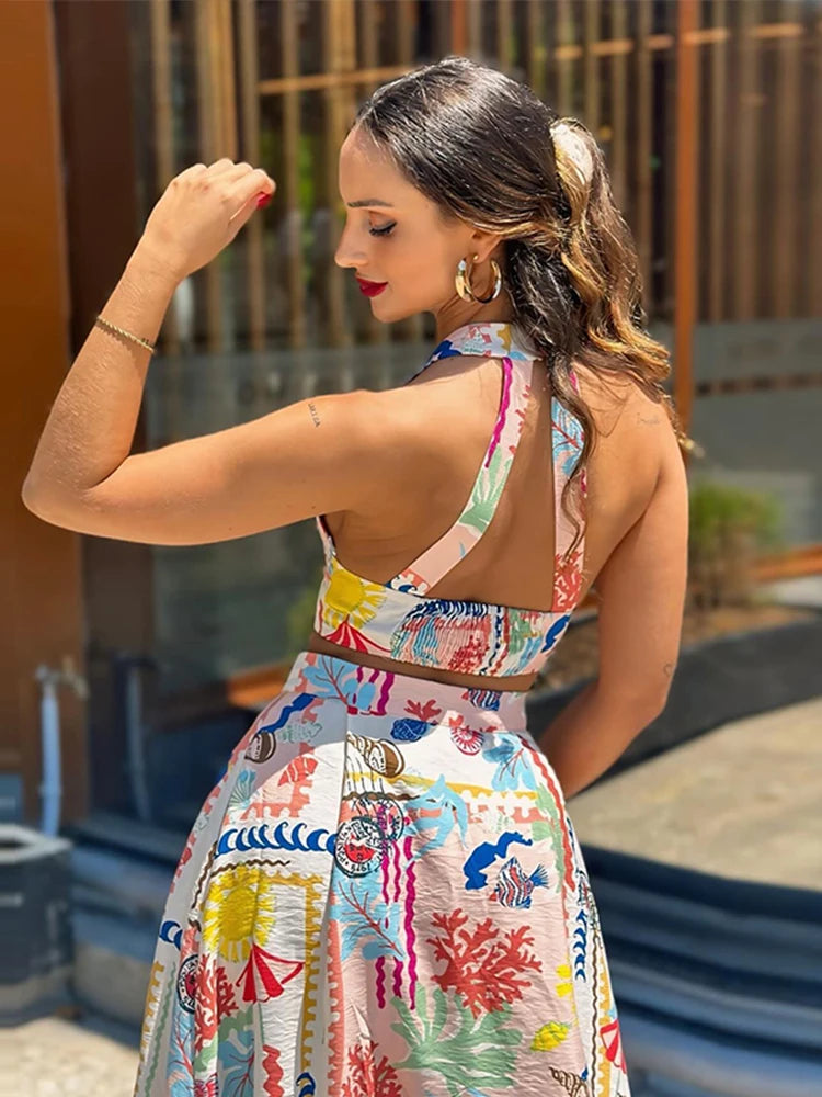 Colorful Printed Suspenders Skirt Set Women Patchwork Quilted High Waist Skirt Two Piece Summer