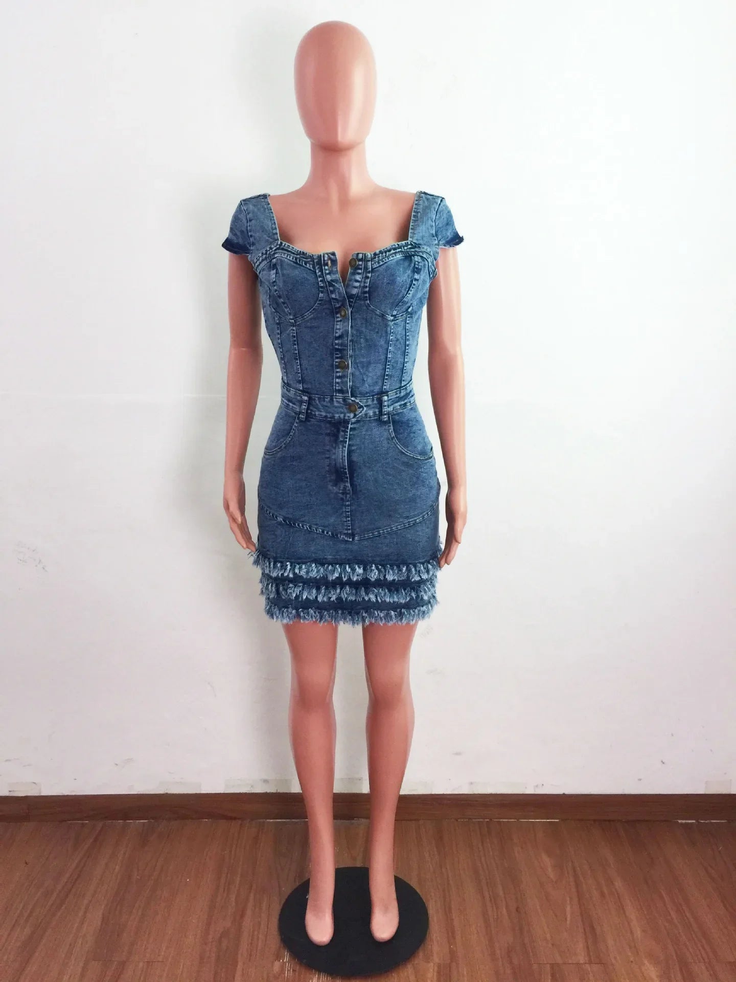 Women Sexy Short Sleeve Denim Dress Slim Fit Tassel Package Hip Pocket Button Denim Dresses Sheath Backless Tight High Waist