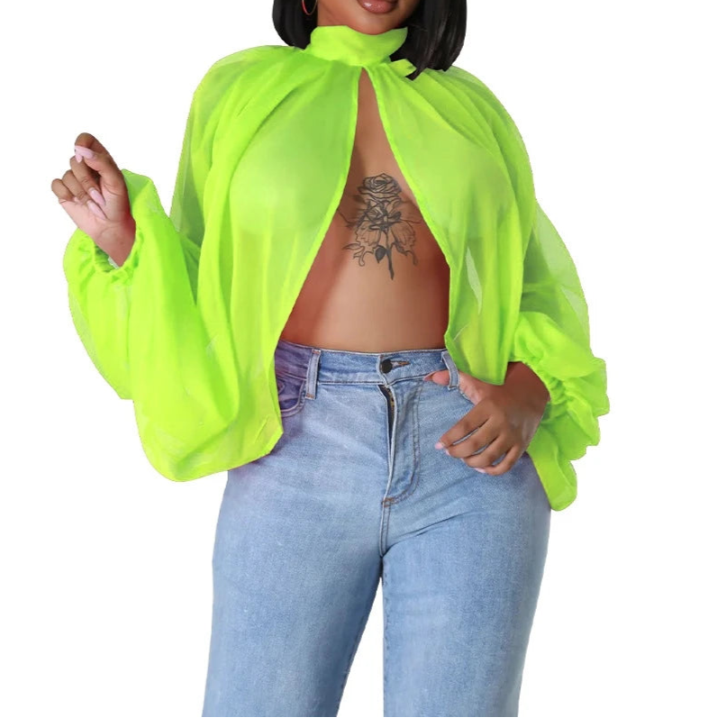 Womens Chiffon Blouse Sexy See Through Lantern Sleeve Front Back Open High Neck Blouses Tops