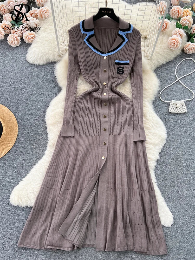 Women Polo Dress Single Breasted Pocket Design Bodycon Knitted Dress Sweater Midi Dress