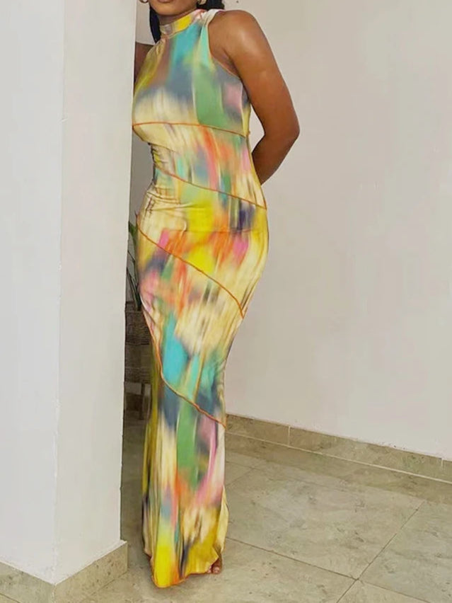 Colorful Print Dress Women Sleeveless Patchwork Skinny Bodycon Dress