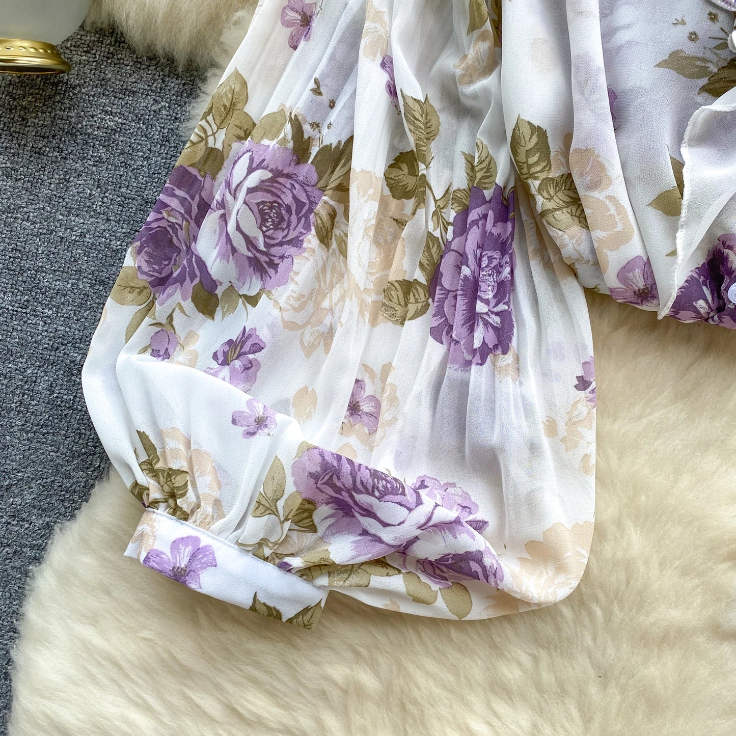 Floral Print Loose Shirt Women Lantern Sleeve V Neck Thin Causal Ruffle Blouse