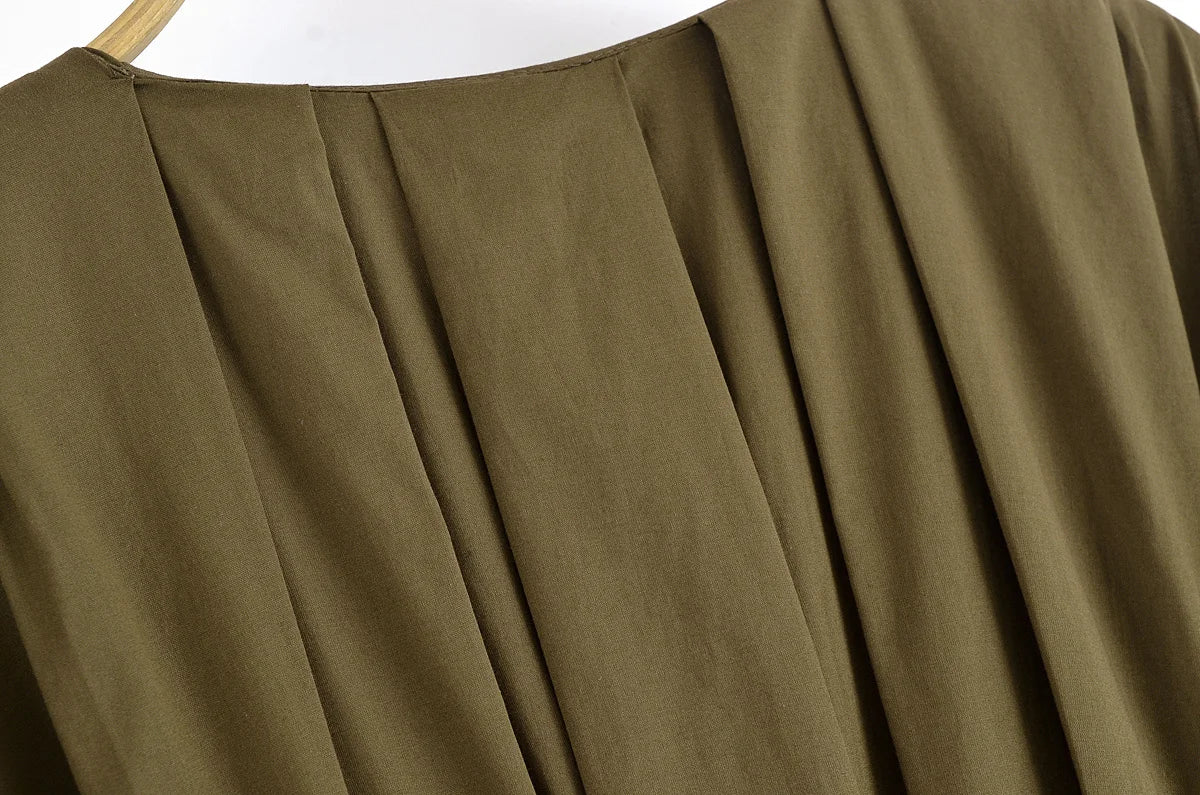 V-neck Lace-up Midi Dress Short Sleeve Backless Pleated Dress