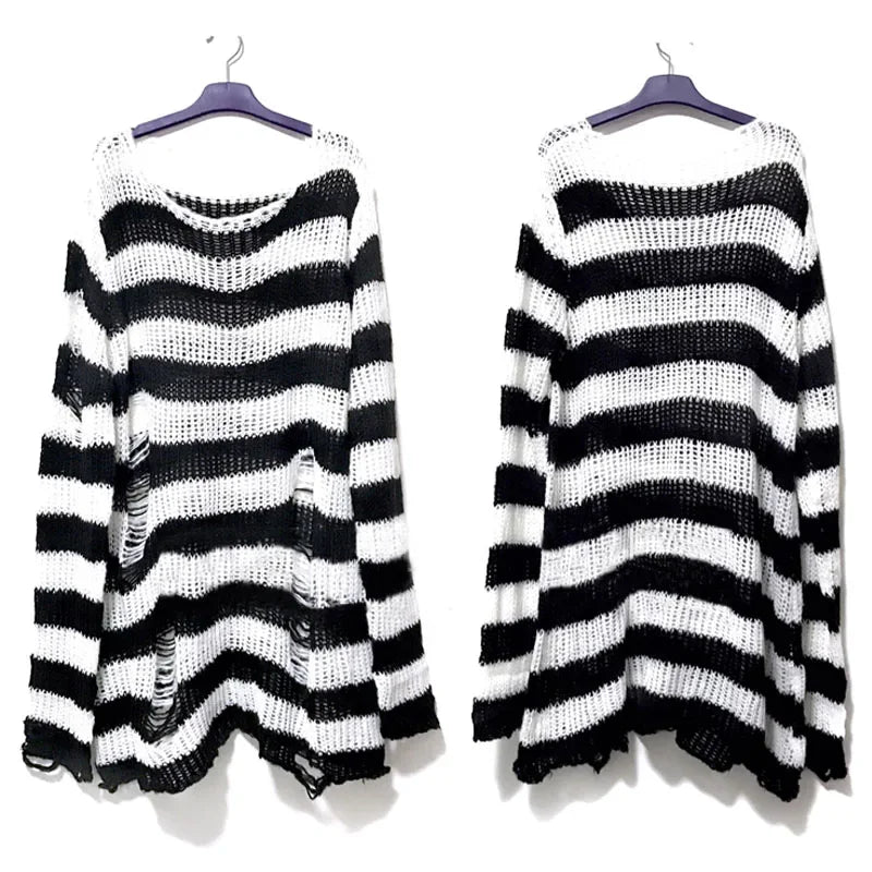 Punk Gothic Long Sweater Women Striped Broken Jumper