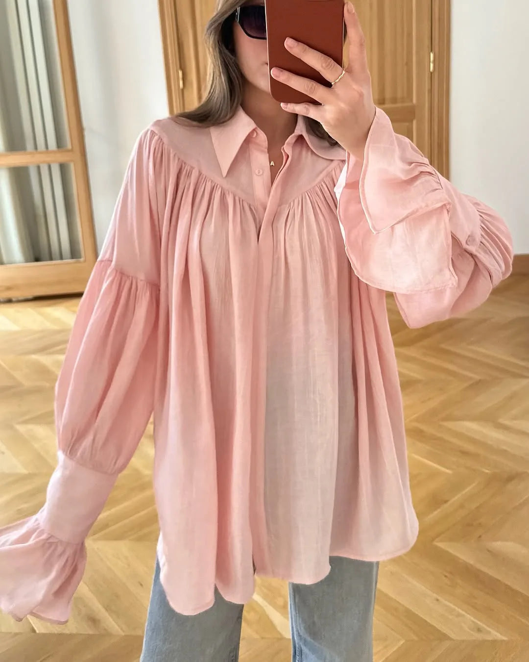 Summer Ruffled Loose Shirts For Women Lapel Long Sleeve Casual See-Through Blouse