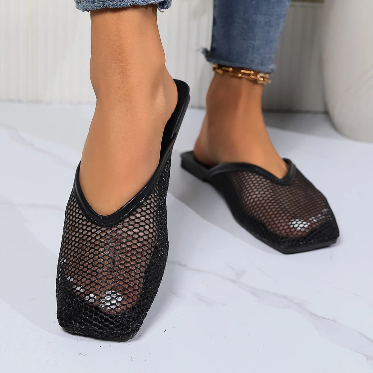 Flats Mules Women Slippers Mesh Sandals New Square Toe Slippers