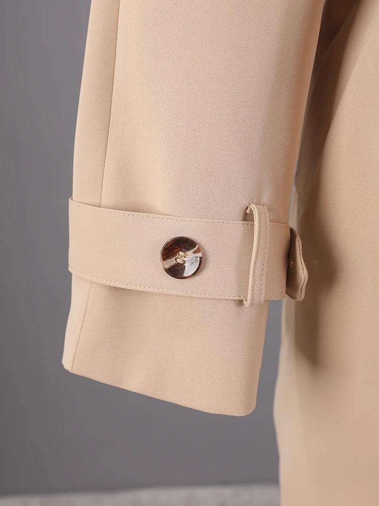 Women Khaki Pleated Elegant Trench New Lapel Long Sleeve Windbreaker Trench Coat