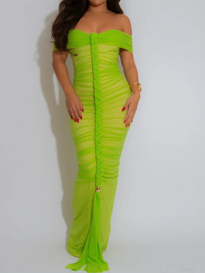 Luxe Goddess Mesh Maxi Dress Elegant Women's Off Shoulder Pleated Bandage Beach Vacation Dress