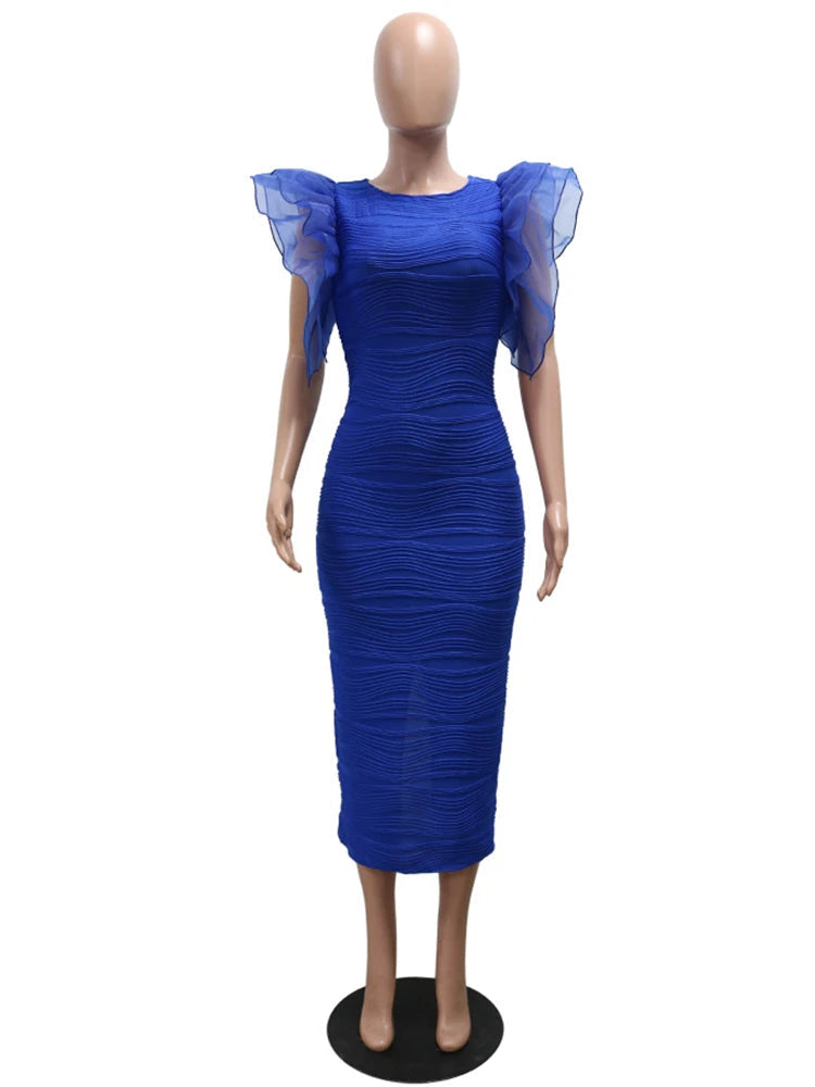 Women O Neck Ruffle Sleeves Package Hips Bodycon Dress Pencil Evening Birthday Dress