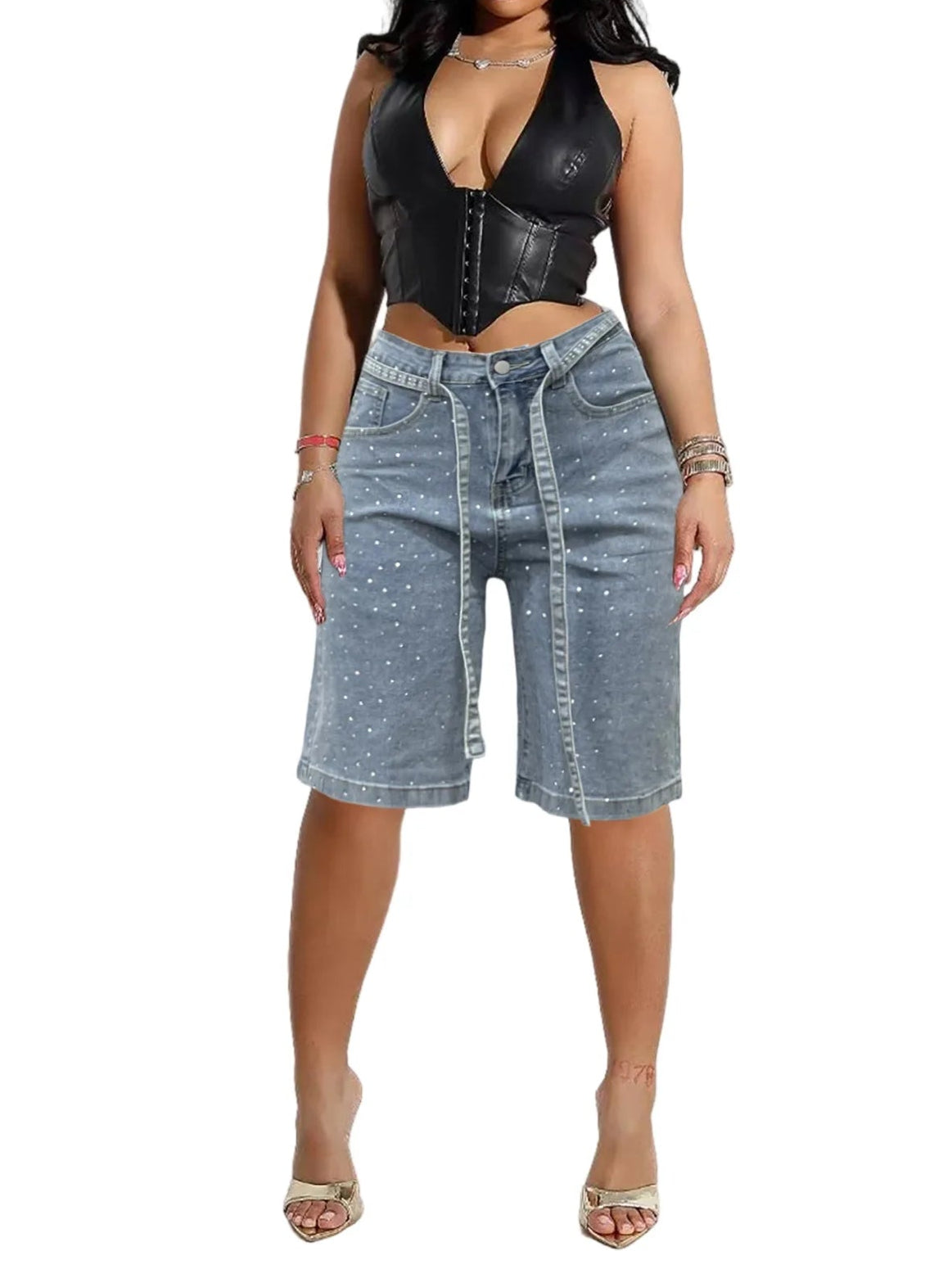 Women Denim Summer Shorts Diamonds Elasticity Denim Shorts With Belt
