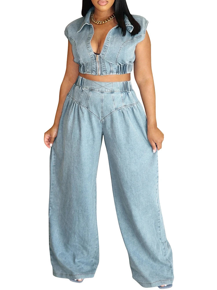 Elegant Denim Women Sleeveless Zipper Crop Top and Wide Leg Pants Two Piece Set