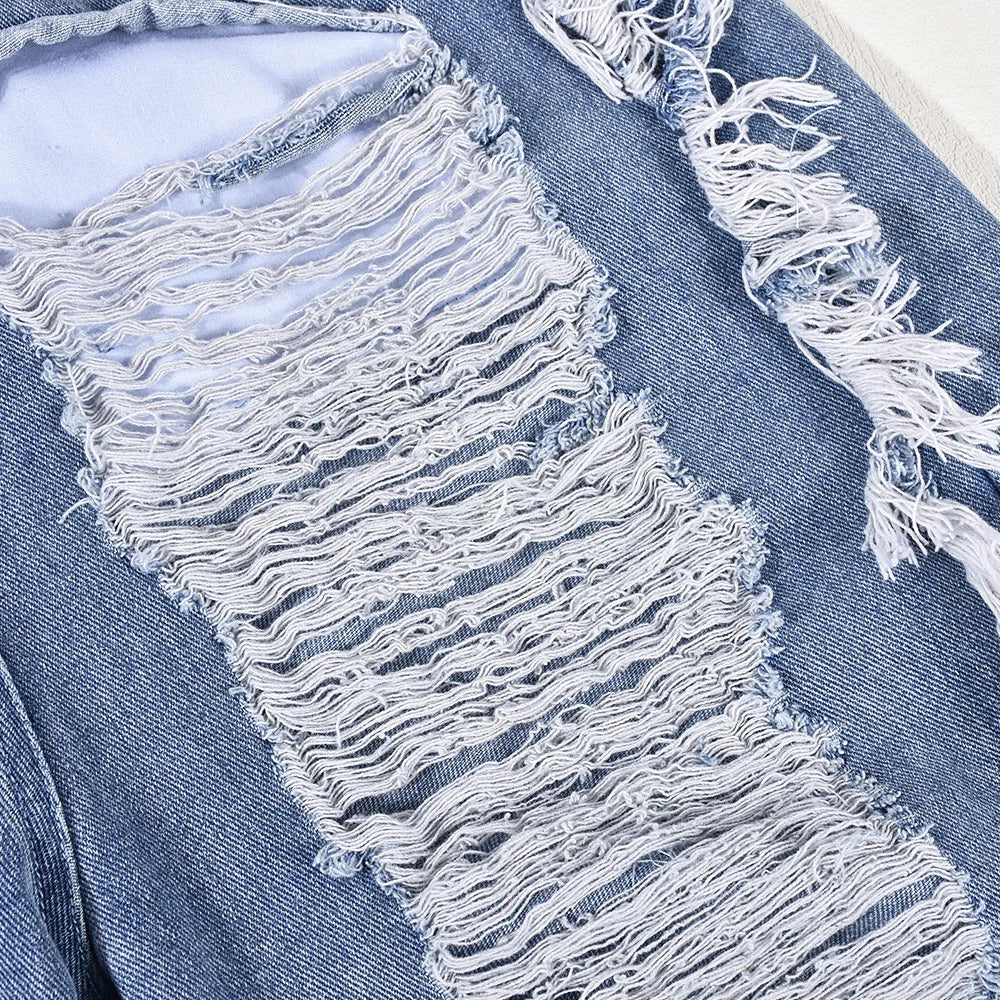 Slim Fit Denim V-neck Backless Tassel Trendy Jumpsuit Women's Strapless High Waist Ripped Pocket Sexy Street Rompers