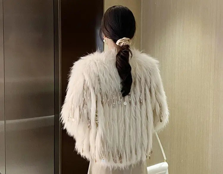 Faux Fur Grass Sequined Tassels Coat Women's Short Beaded Fringed Bomber Jacket