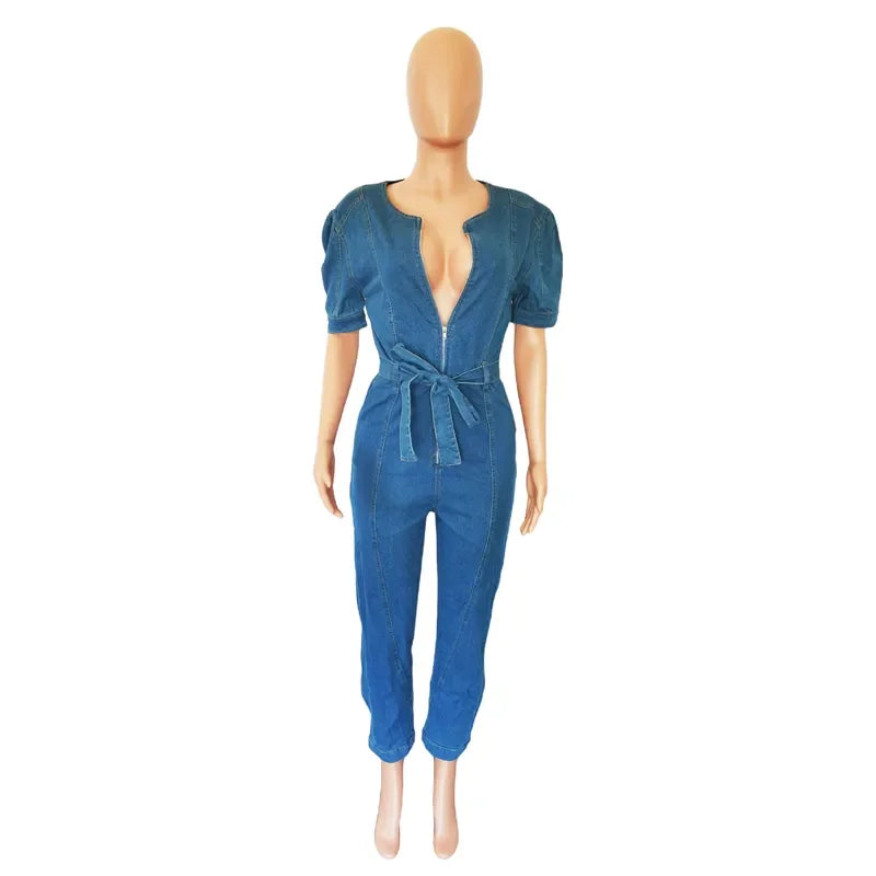 Denim Jumpsuit for Women Lace-up Pencil Pant Jeans Short Sleeve Sashes Long Rompers Playsuits One Piece Overalls Outfits