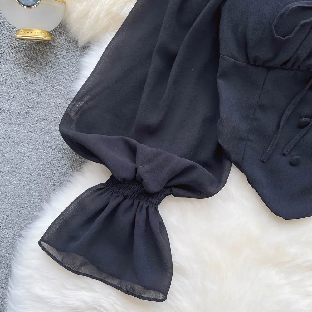 Flare Sleeve Women Top Ruffle Solid Elastic Waist Halter Backless Chiffon Blouse