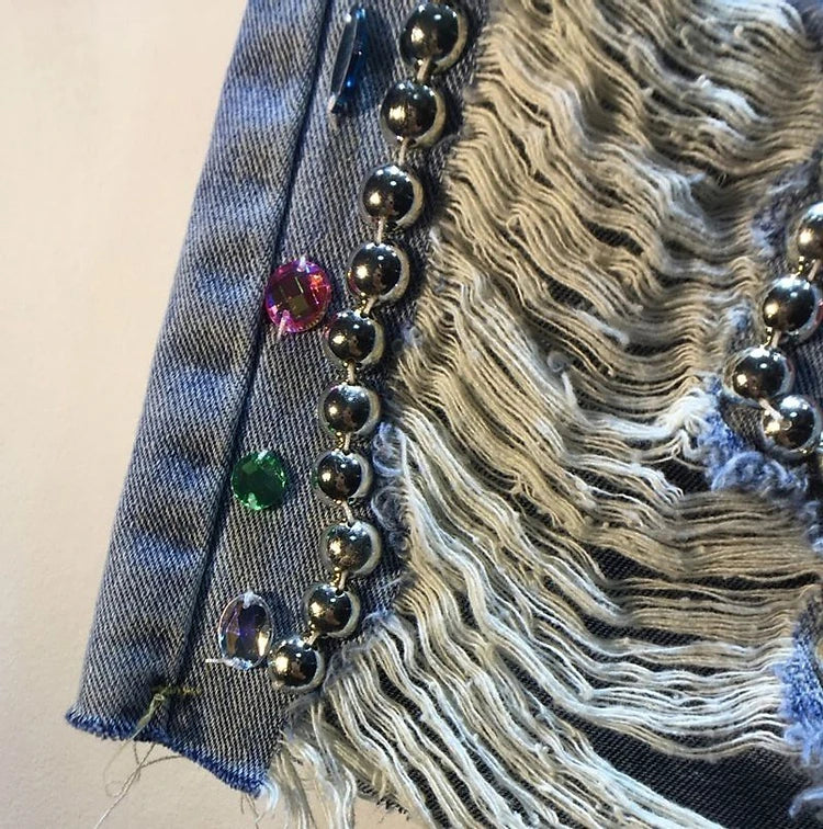 Diamond Beaded Denim Knee Length Shorts Summer Loose High Waist Shorts