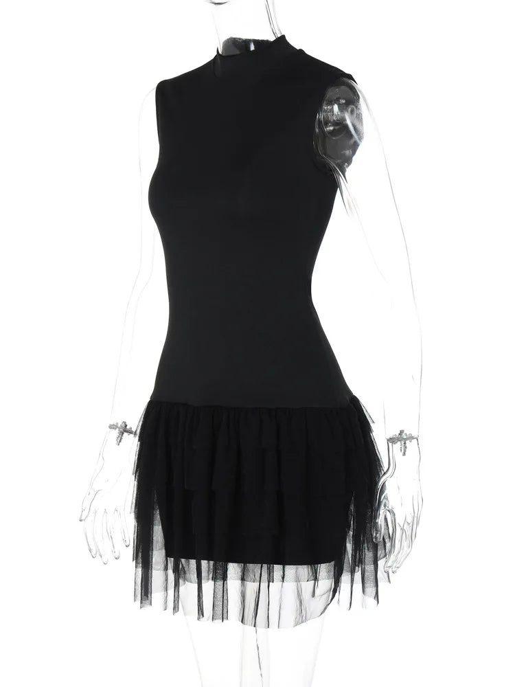 Black Mini Dress Sleeveless Mesh Patchwork Mini Evening Prom Dress Bodycon