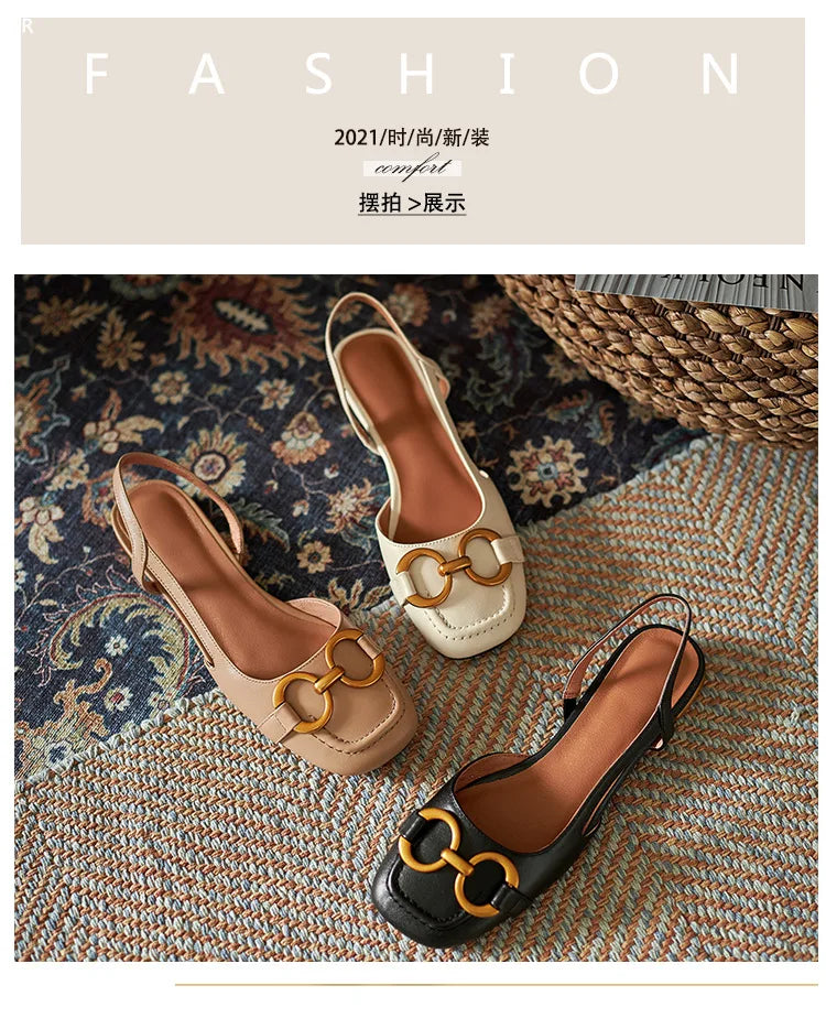 French Low Heel Retro Toe Cover Sandals Women Summer Empty Horse Bit Faux Leather Strap Sandals
