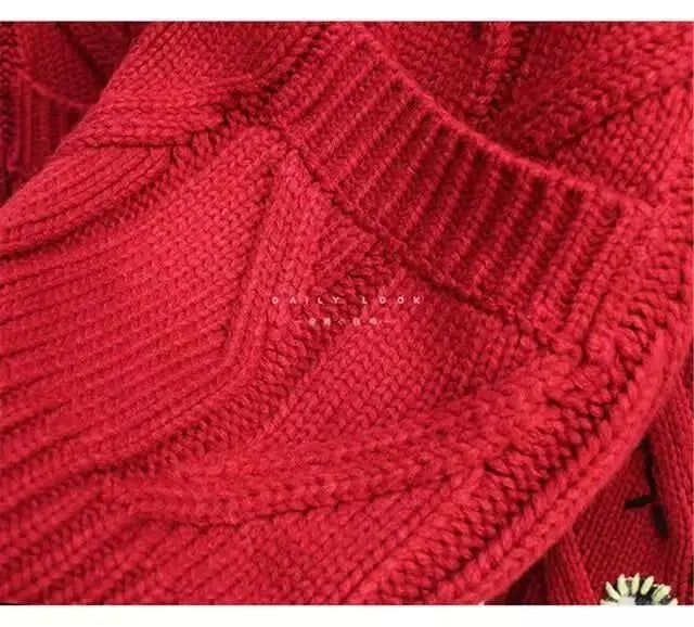 Embroidery Knitted Cardigan Women's Sweater Warm Long Sleeve V Neck Jumpers