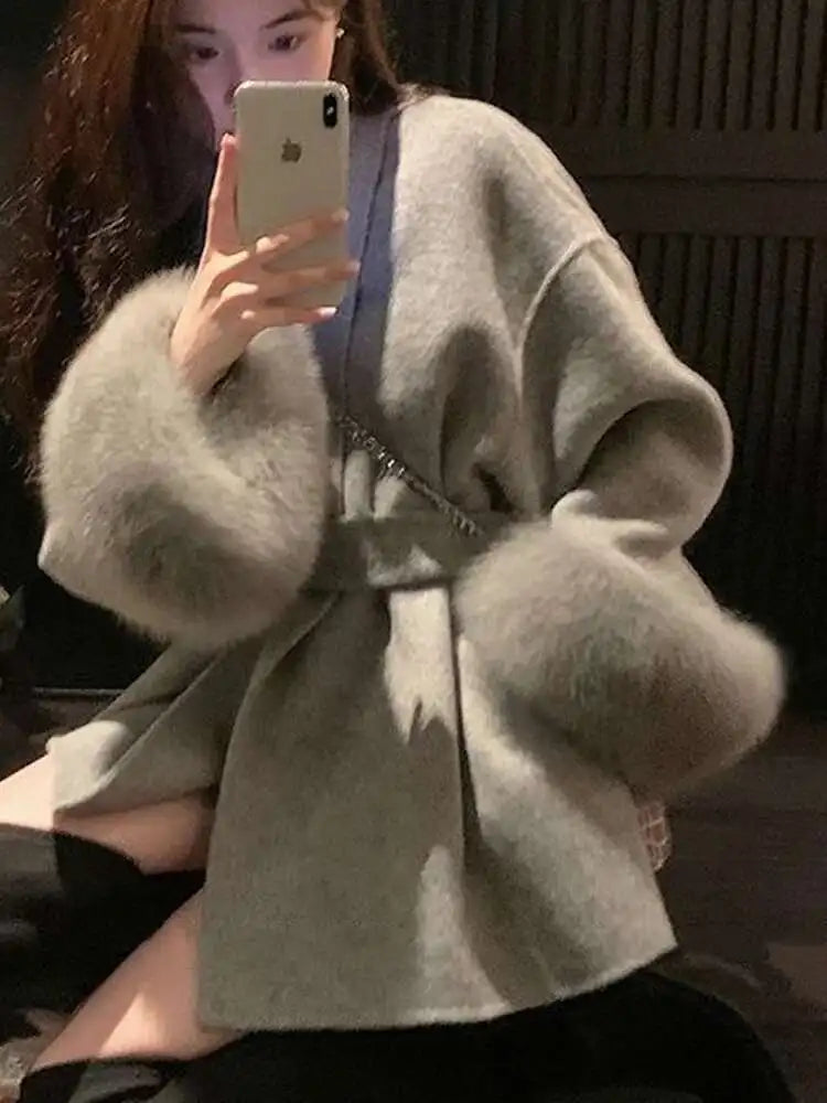 Women Overcoats Fur Patchwork Long Sleeve Woolen Coat