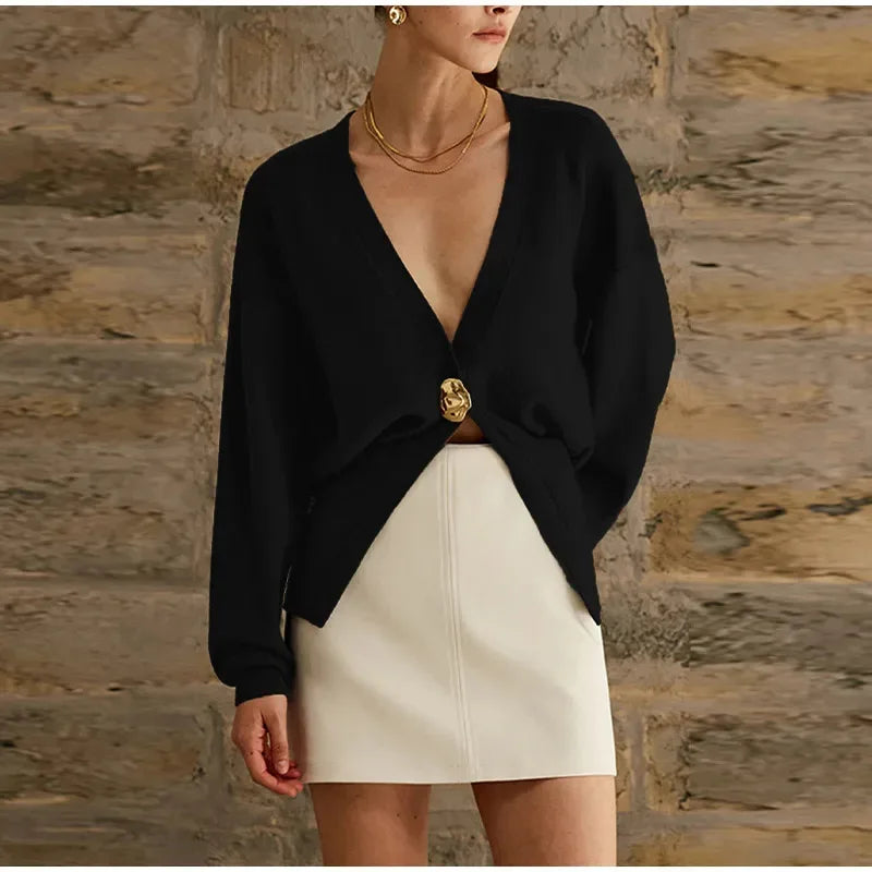 Women's Button Knitted Cardigan Vintage V Neck Full Sleeve Cropped Sweater
