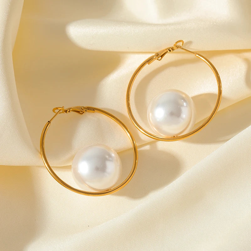 Stainless Steel Exaggerated Large Pearls Necklace Earrings Set For Women