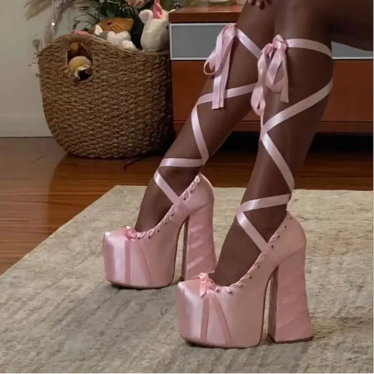 Lace Up Cross Straps Bow Lolita Shoes Women Platform Satin Sandals Sweet High Block Heels Square Toe Thick Bottom Women Pumps