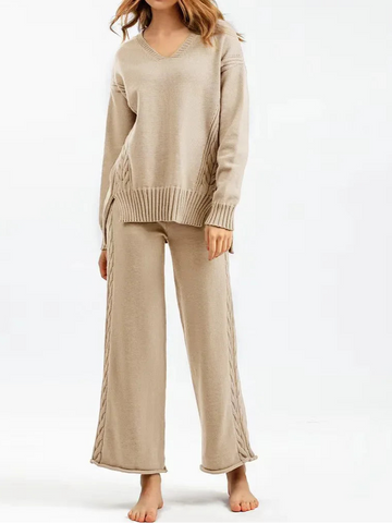 Thick Knit Sweater Set Women Tracksuit Solid Color V Neck Sweaters + Pant Two Piece Set