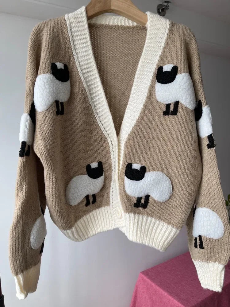 Sheep Pattern Crochet Chunky Knit Cardigan Cute Cartoon V Neck Sweater