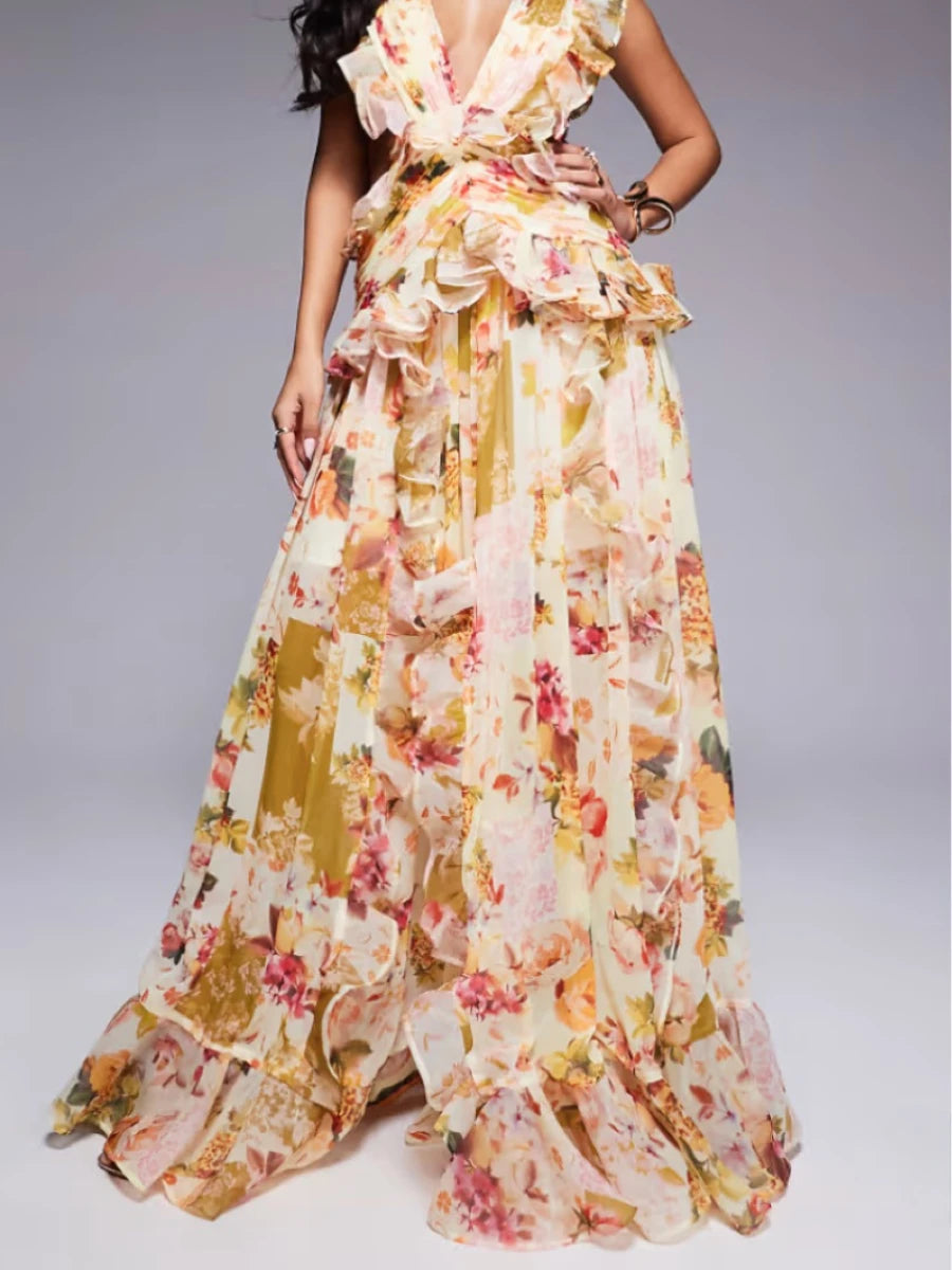 Maxi Dress for Women V Neck Sleeveless High Waist Patchwork Ruffles Edge French Sexy Printed Dress