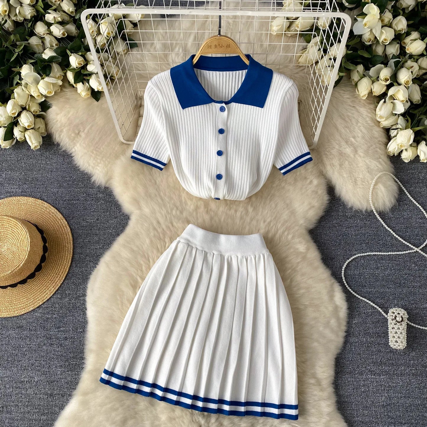 Mini Skirt Set Women Two Piece Sets Polo Collar Knit Shirt Tops Skirt Sets Casual Y2k