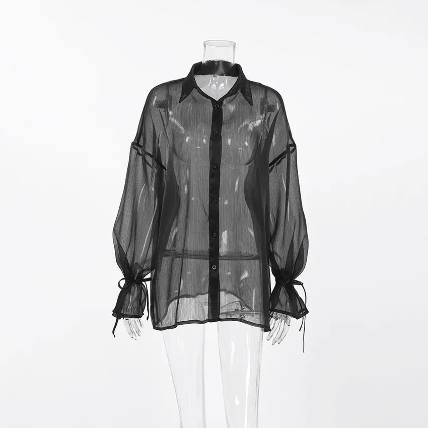 Sexy Transparent Shirt Women Blouse Loose Turn-down Collar Flare Sleeve Lace-up Shirt Top