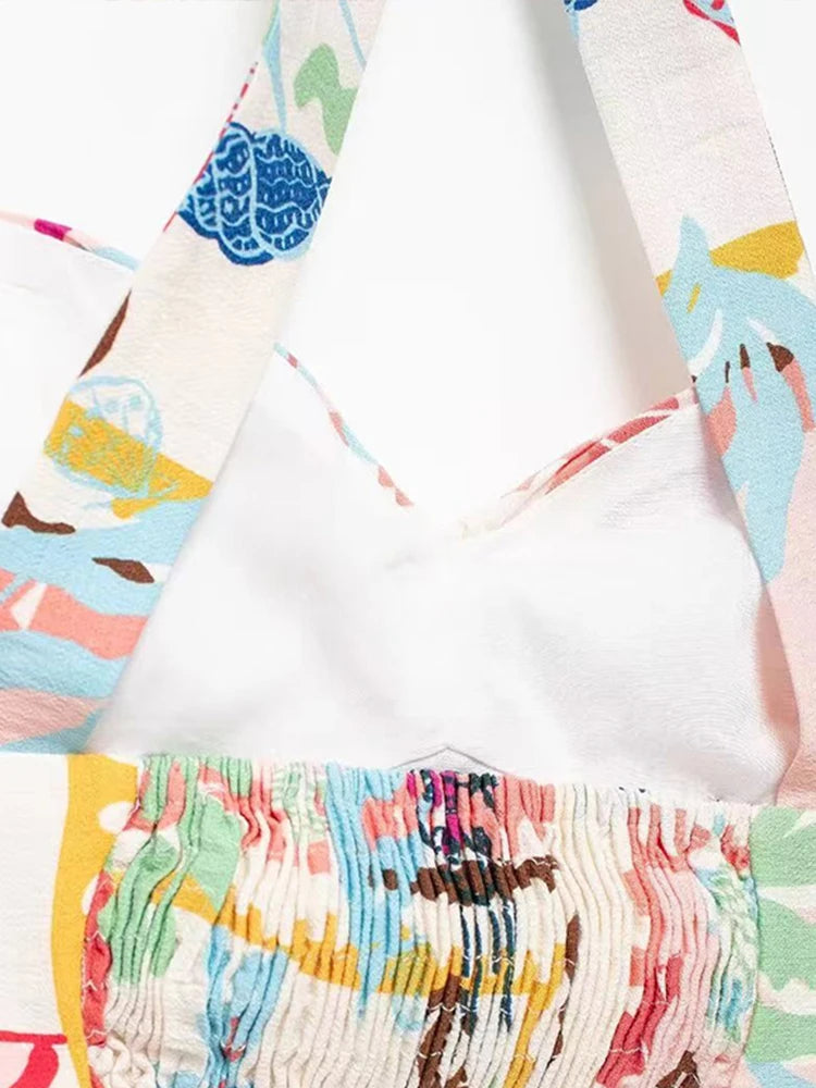 Colorful Printed Suspenders Skirt Set Women Patchwork Quilted High Waist Skirt Two Piece Summer
