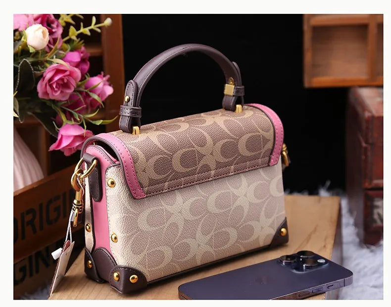 contrasting color women's bag, high-end carriage crossbody bag, portable box bag