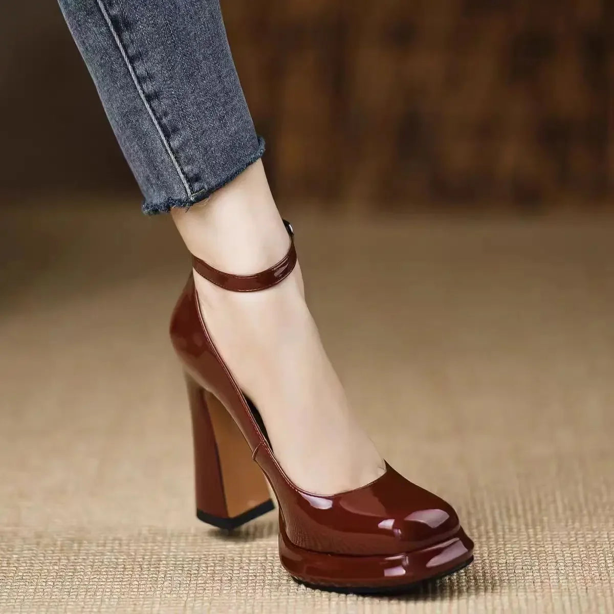 Thick Bottom High Heels for Women Solid Ankle Buckle Elegant Heeled Shoes