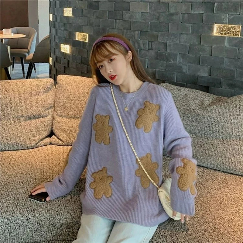 Sweet Cartoon Bear Sweater Women Cute Knitted Pullover Oversized Knitwear