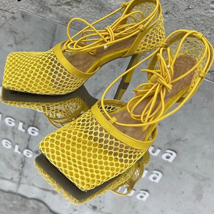 Sexy Mesh Pumps Sandals Female Square Toe High Heel Lace Up Cross-Tied Dress Shoes