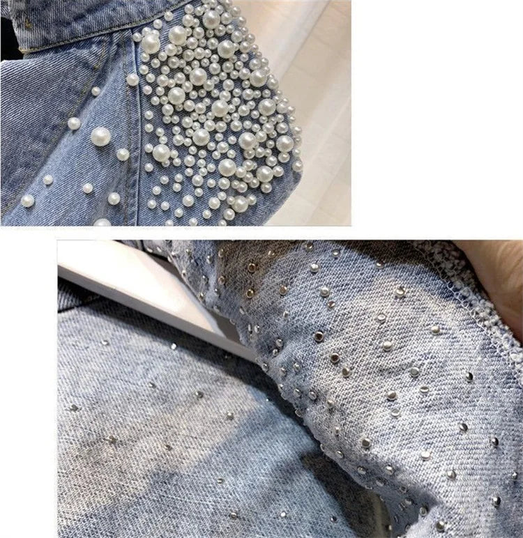 Women Pearl Denim Waistcoat Korean Fashion Cardigan Vintage Loose Vest