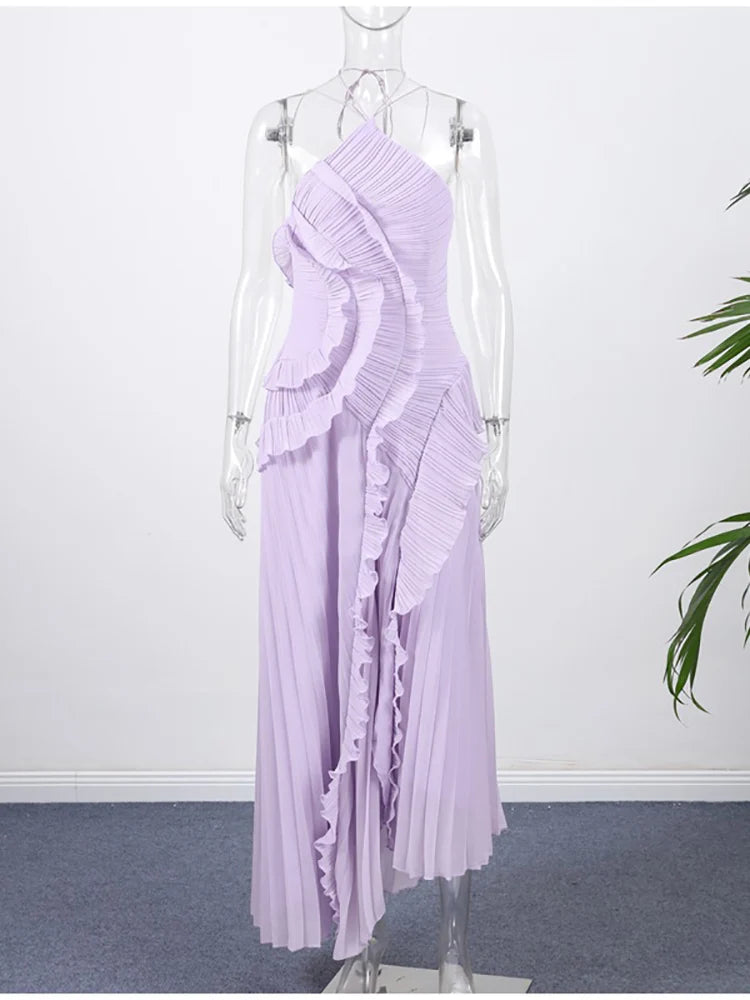 Sexy Halter Neck Pleated Ruffled Long Dress Women Bridesmaids Maxi Dress