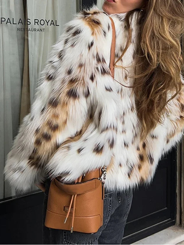 Elegant Leopard Print Faux Fur Cropped Jacket For Women Outwear