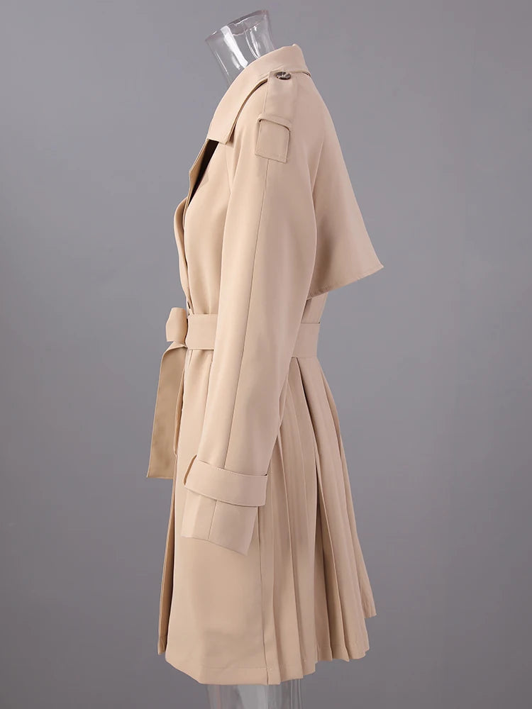 Women Khaki Pleated Elegant Trench New Lapel Long Sleeve Windbreaker Trench Coat
