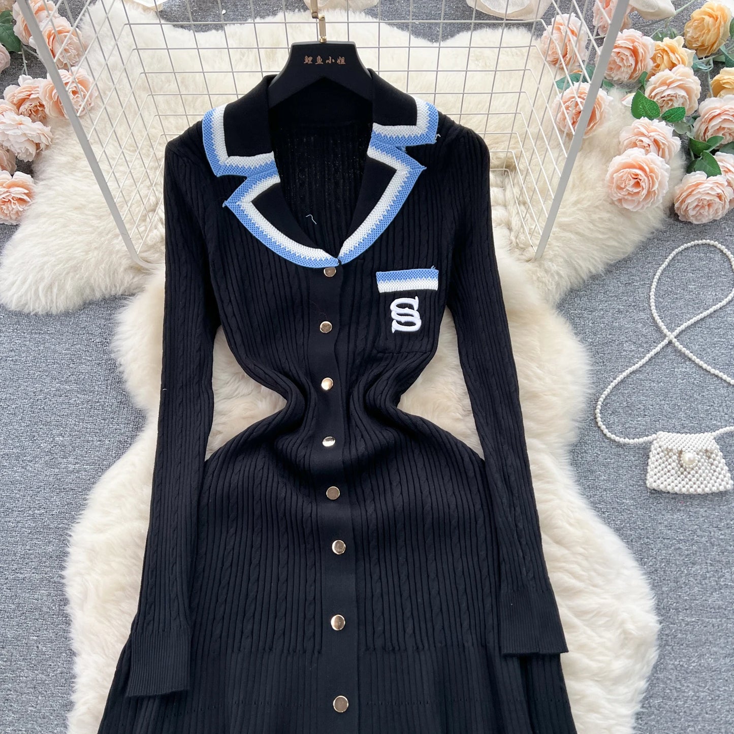 Women Polo Dress Single Breasted Pocket Design Bodycon Knitted Dress Sweater Midi Dress