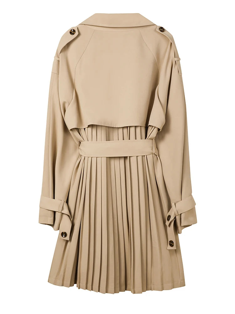 Women Khaki Pleated Elegant Trench New Lapel Long Sleeve Windbreaker Trench Coat