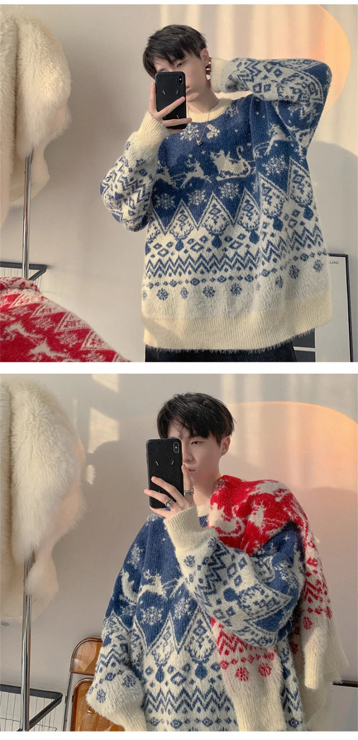 High Quality Plush Knitted Christmas Red Pullover Oversized Couple Sweater