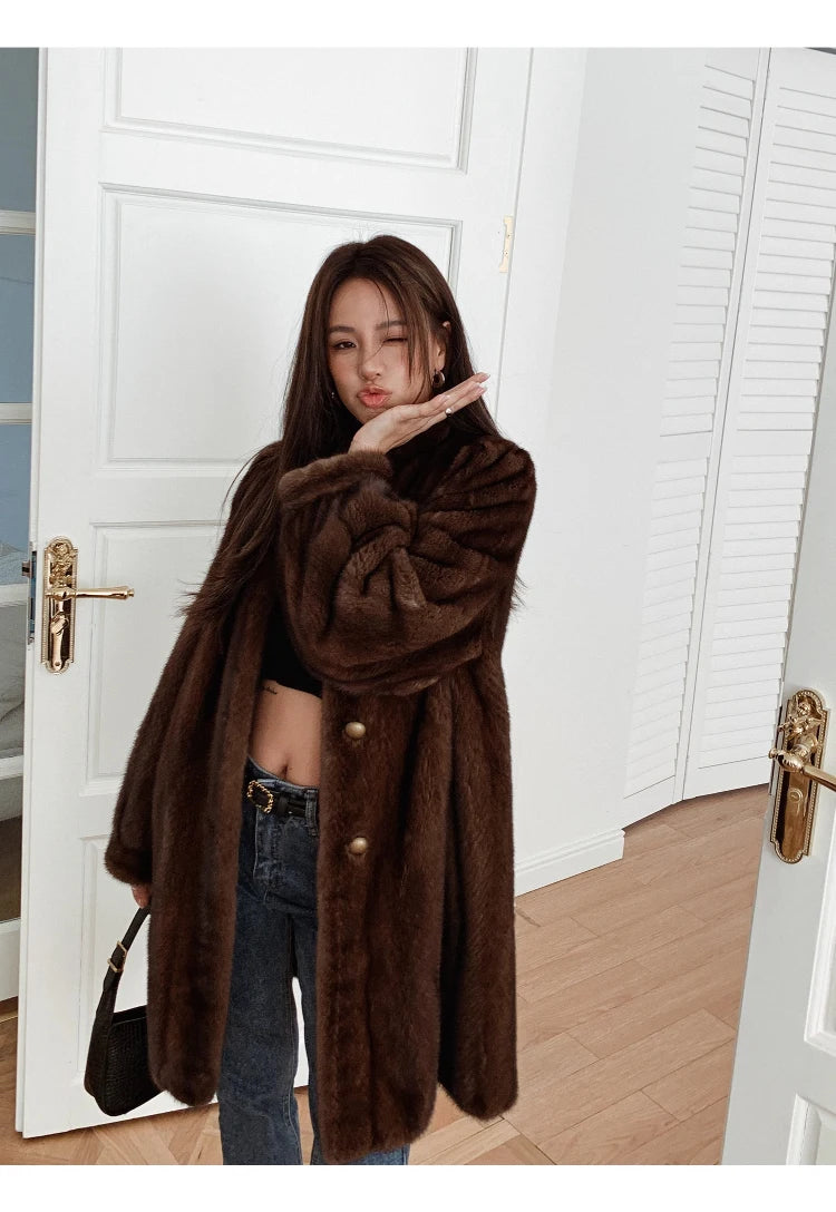 Brown Thick Warm Soft Faux Mink Fur Coat Women Puff Sleeve Stand Collar Fluffy Jacket