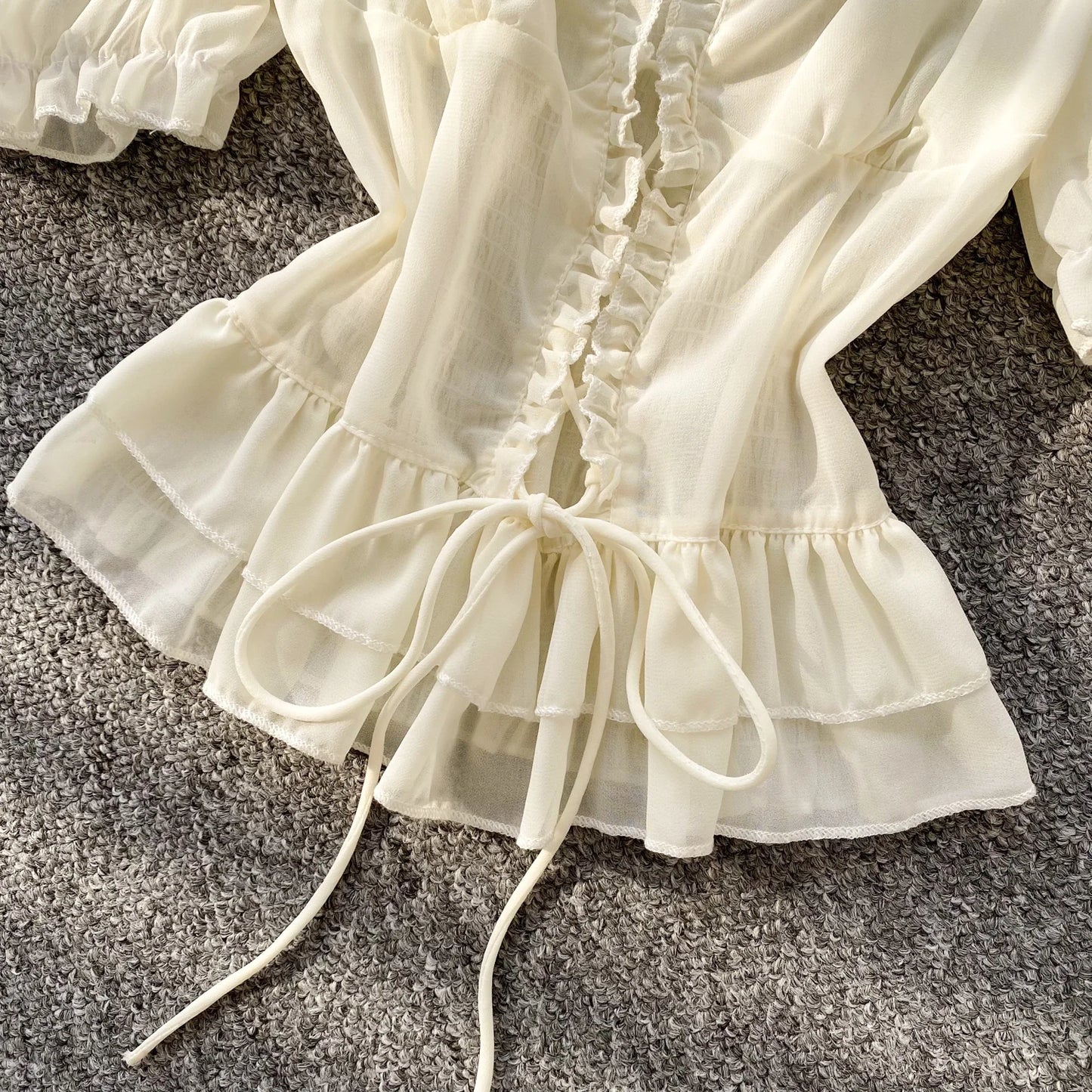 French Style Chiffon Blouse Square Neck Short Sleeves Ruffles Lace Up Beach Top