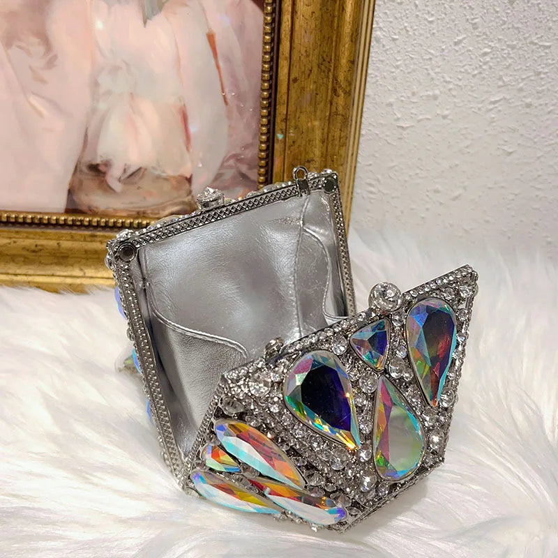 Luxury Glitter Metal Box Women Handbag Crystal Clutch Purse
